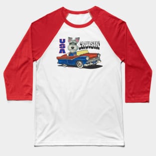 Humorous and cute schnauzer driving a funny classic car through the USA Baseball T-Shirt